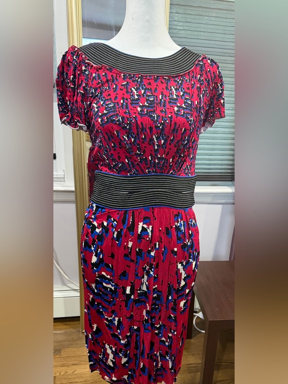 Women’s Fuchsia Abstract Print Midi Dress with Black Waistband